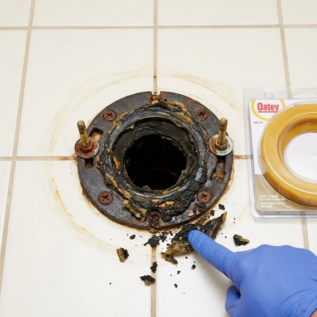 Failed wax ring showing water seepage at the base of a toilet in a Sidney, NE home