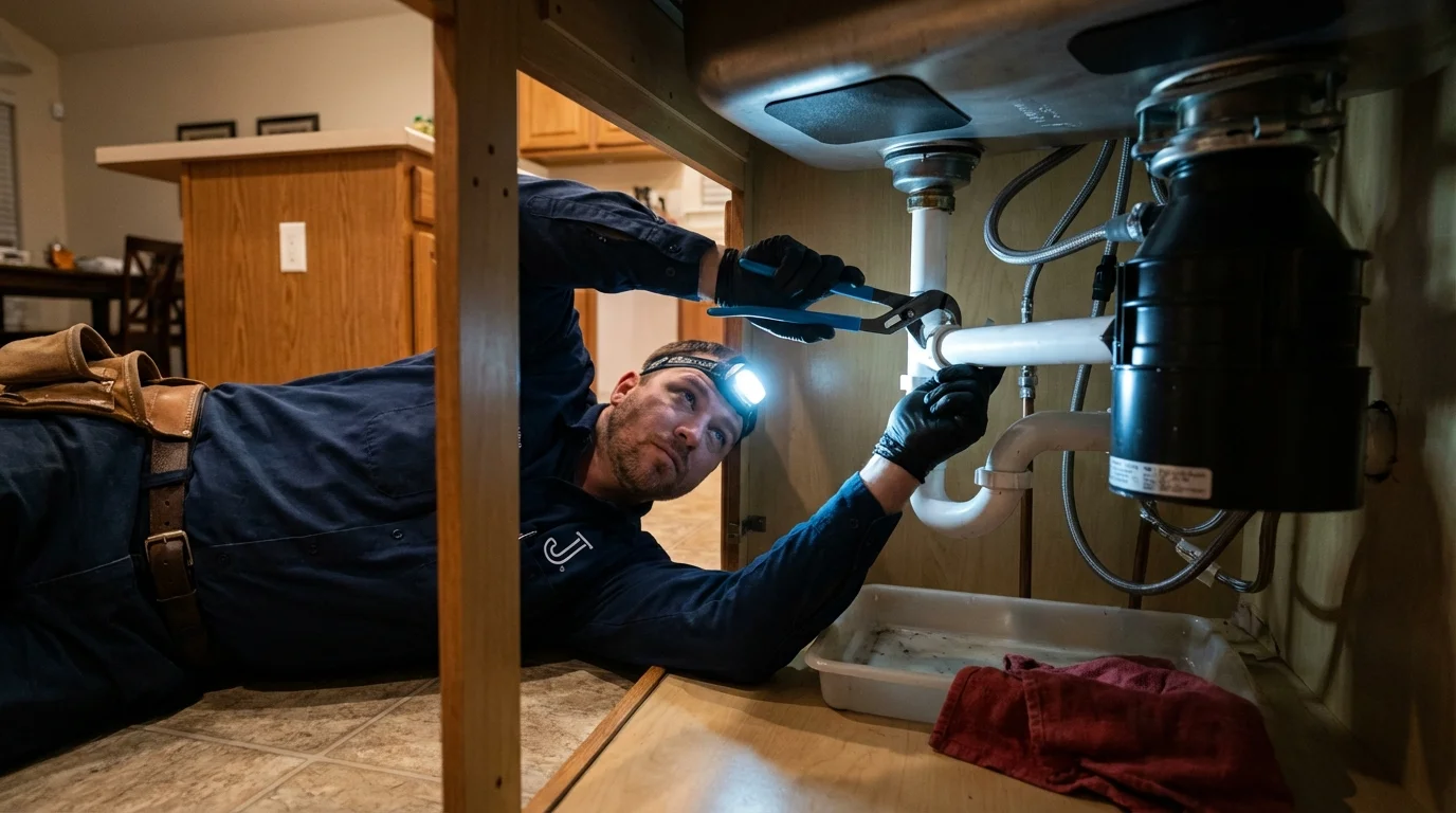 P-trap and supply line connections under a kitchen sink showing a common leak point in Sidney, NE